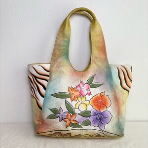 Hand painted floral colorful leather bag purse